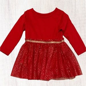 Cat & Jack Infant Toddler Girls Red Gold Dot Long Sleeve Tulle Ruffle Dress 18m